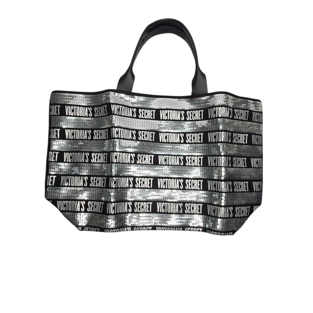 Victoria's Secret Women's Sequins Bling Large Tote Bag Silver & Black Striped